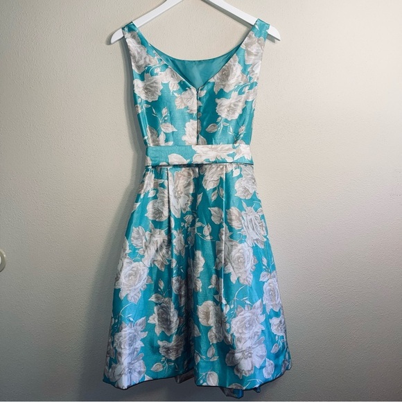 Jessica Howard Turquoise White Taupe Belted Fit And Flare Swing Dress - Picture 12 of 16